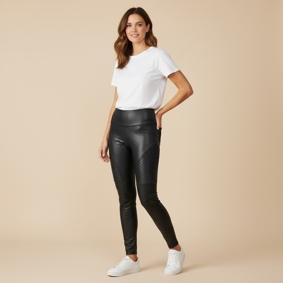 SPANX Pants - Spanx - Black Faux Leather Moto Leggings Pants Textured Paneled High Rise - B2